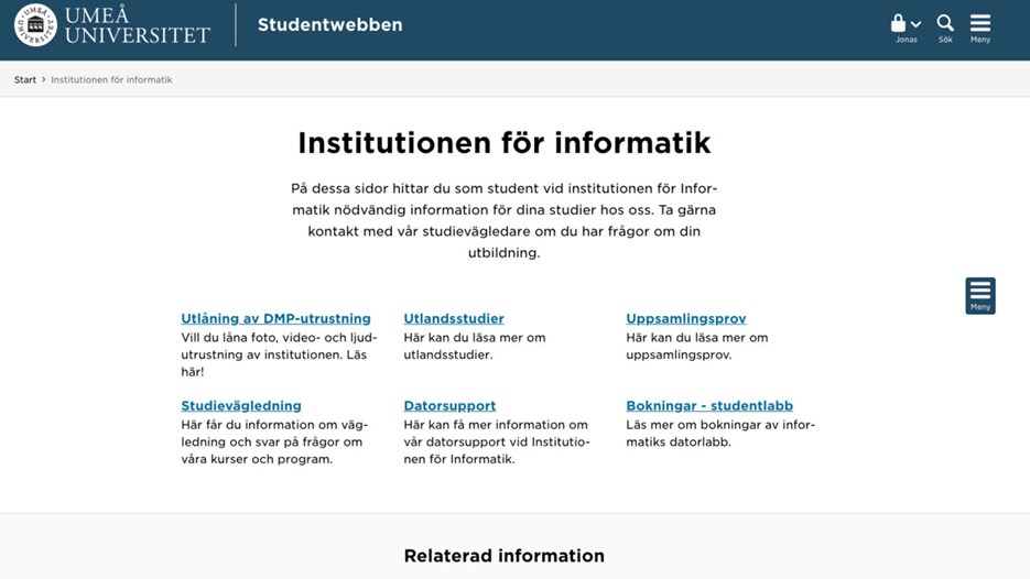 Skärmdump av institutionsstartsida på studentwebben